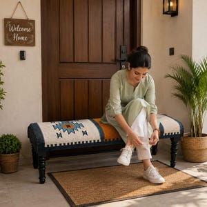 Handmade Kilim Bench Ottoman: Wool Jute, Wooden Base, Boho Rustic Decor