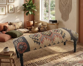 Wool Jute Rug Bench, Upholstered Bench, Handmade Furniture, Footstool Bench, Kilim Rug Bench, Ottoman Bench, Aztec Bench, Panio Bench