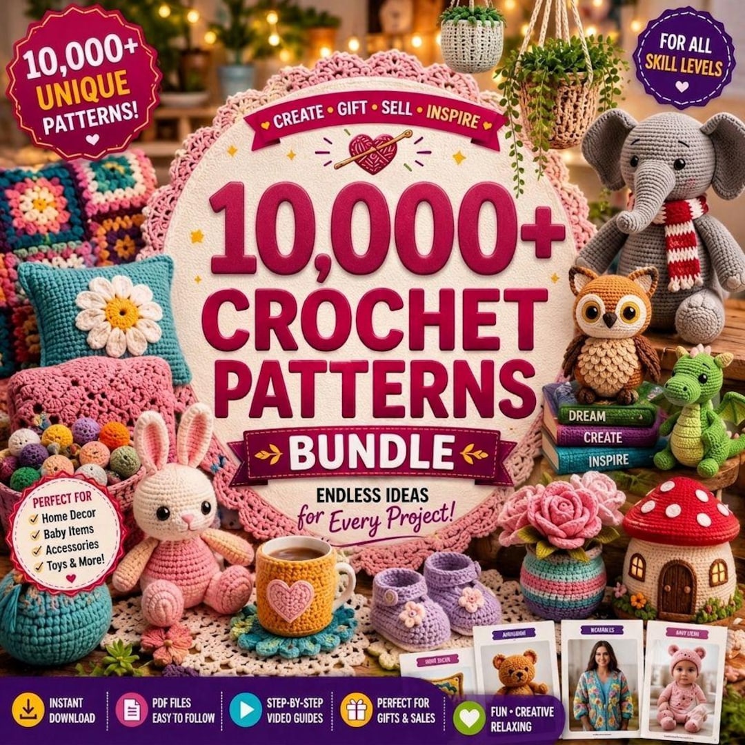 10000+ Crochet Patterns Bundle | Amigurumi, Home Decor, Baby, Wearables (PDF)