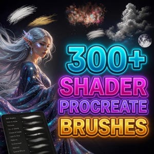 Könnte beinhalten: Digitales Kunstwerk mit einer Frau mit silbernem Haar und einem himmlischen Kleid. Das Bild wirbt für 300+ Shader Procreate Brushes, mit Beispielen für Pinselstriche und Text auf einem Tablet.