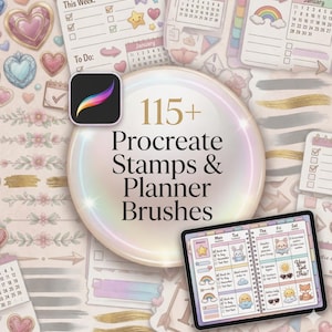 May include: A digital art design featuring Procreate stamps and planner brushes. The image includes a tablet displaying a planner layout, along with decorative elements like hearts, stars, and calendars. The text reads "115+ Procreate Stamps & Planner Brushes."