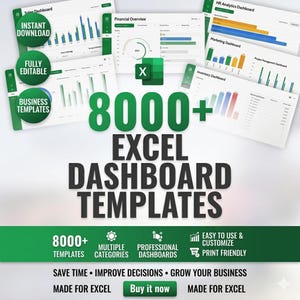 May include: An advertisement for Excel dashboard templates. The image features various dashboard examples, the Excel logo, and the text "8000+ Excel Dashboard Templates." Additional text includes "Instant Download," "Fully Editable," and "Business Templates."