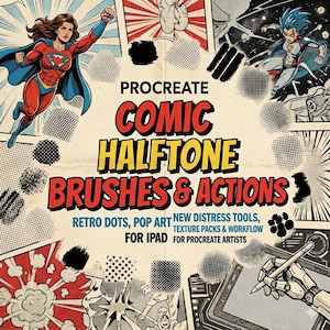 May include: Comic-themed digital art tools for Procreate, featuring halftone brushes and actions. The image showcases comic book style illustrations, text, and graphics, including a superheroine and a futuristic character. The text reads "Procreate Comic Halftone Brushes & Actions."
