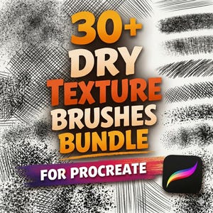May include: A digital art bundle for Procreate featuring over 30 dry texture brushes. The image displays various brushstroke examples in black and white, with text in orange and white, and the Procreate app icon.