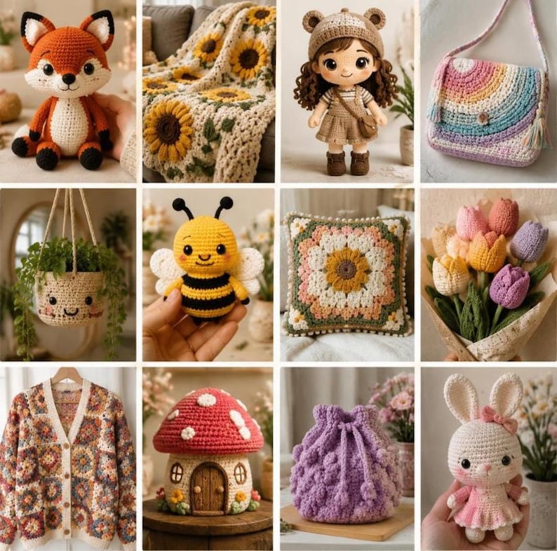 May include: A collection of twelve handmade crochet items including a fox, a sunflower blanket, a doll, a rainbow bag, a hanging planter, a bee, a floral pillow, a tulip bouquet, a cardigan, a mushroom house, a purple pouch, and a rabbit.