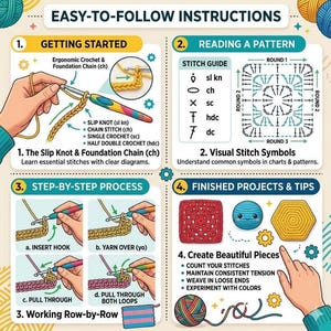 May include: An instructional infographic titled EASY-TO-FOLLOW INSTRUCTIONS for crochet. It features four sections: Getting Started with a hook and yarn, Reading a Pattern with stitch symbols, Step-by-Step Process diagrams, and Finished Projects & Tips.