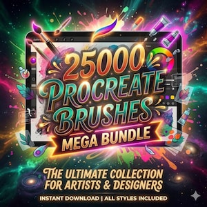 May include: A digital art bundle advertisement featuring a tablet with the text "25000 PROCREATE BRUSHES MEGA BUNDLE." The image has a colorful, galaxy-themed background with paintbrushes, paint tubes, and other art supplies. The text "THE ULTIMATE COLLECTION FOR ARTISTS & DESIGNERS" is also visible.