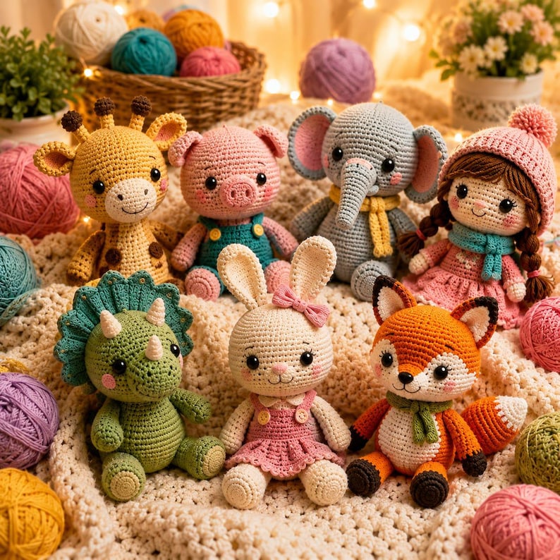 May include: A collection of seven crocheted stuffed animals and a doll, including a yellow giraffe, a pink pig, a blue elephant, a girl doll in a pink dress, a green triceratops, a white rabbit, and an orange fox, all arranged on a textured blanket.