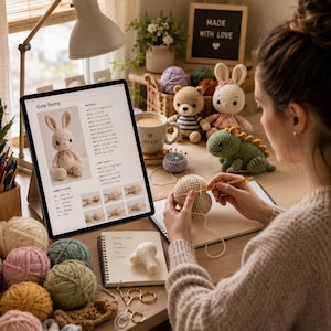 May include: A digital tablet displays a Cute Bunny crochet pattern with text and images. Nearby are a beige bear, a pink-eared bunny, and a green dinosaur amigurumi. Several balls of yarn in various colors, a notebook, and gold scissors are on the desk.
