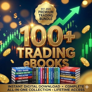 May include: A digital trading bundle graphic with gold text and a green upward arrow. The image features the text "EST. 2024 PREMIUM TRADING BUNDLE" and "100+ TRADING eBooks." Several books are stacked, with titles like "FOREX TRADING" and "STOCK MARKET."