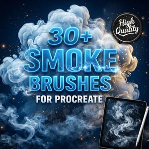 Może przedstawiać: Grafika cyfrowa z tekstem "30+ Smoke Brushes for Procreate" w kolorze niebieskim z jasnoniebieskim obrysem. Na ciemnoniebieskim tle z efektami dymu i iskier. Tablet wyświetla przykłady pędzli dymnych.