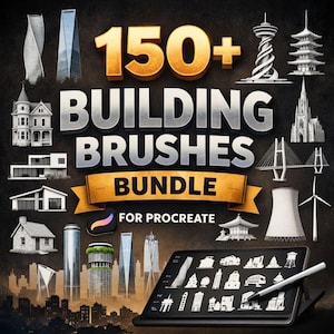 Könnte beinhalten: Ein digitales Kunstpaket mit über 150 Gebäude-Pinseln für Procreate. Das Bild zeigt verschiedene architektonische Stile, darunter Wolkenkratzer, Brücken und historische Gebäude, mit einem Tablet, das Pinsel-Vorschauen anzeigt.