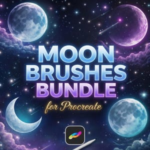 以下が含まれることがあります： 月、星、雲が描かれた夜空のデジタルアートグラフィック。「MOON BRUSHES BUNDLE for Procreate」の文字が青と紫のグラデーションで表示されています。スタイラスとProcreateアプリのアイコンが下にあります。