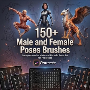 May include: Digital art product featuring a collection of male and female poses for Procreate. The image includes illustrations of human figures, a griffin, and tablets displaying pose guides. Text reads "150+ Male and Female Poses Brushes".