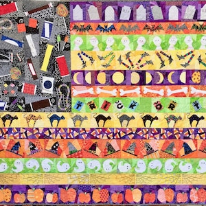 May include: A colourful Halloween quilt featuring a variety of patterns and designs. The quilt includes black cats, ghosts, bats, candy corn, pumpkins and other Halloween-themed imagery.