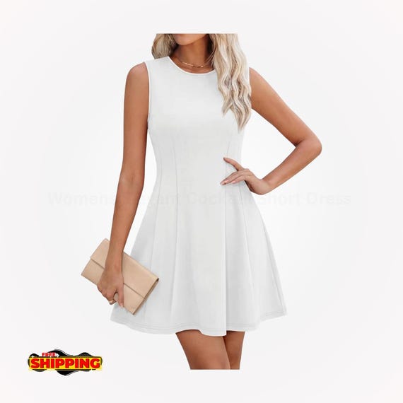 Women's Elegant Cocktail Short Dress, Sleeveless A Line Summer Party Mini Dress Flared Skirt