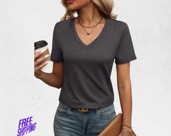 Camiseta de mujer con cuello en V: Top informal suave y holgado para yoga y uso diario.