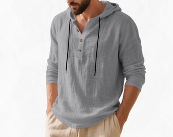 Camisa de lino de manga larga con capucha para hombre, transpirable, estilo Henley, informal, holgada, para la playa otoñal.