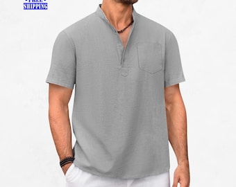 Camisa Henley de algodón y lino para hombre: Camiseta informal de manga corta para la playa.