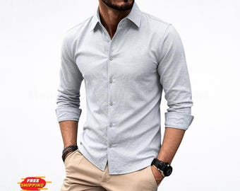 Camisa de hombre de mezcla de algodón y lino: Camisa informal de manga larga con botones.