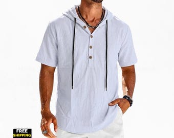 Camisa con capucha de algodón y lino para hombre: Camiseta informal de manga corta para la playa.