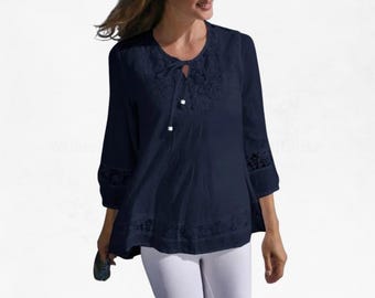 Blusa de mujer de algodón y lino con encaje, manga tres cuartos, corte holgado, informal, color liso, ideal para el verano.