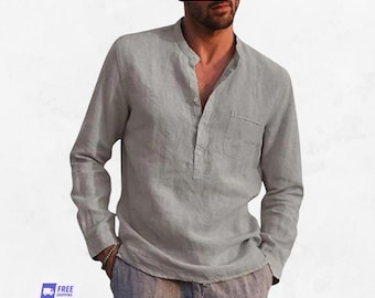 Camisa de lino para hombre con cuello mao: prenda informal de manga larga para primavera/verano.