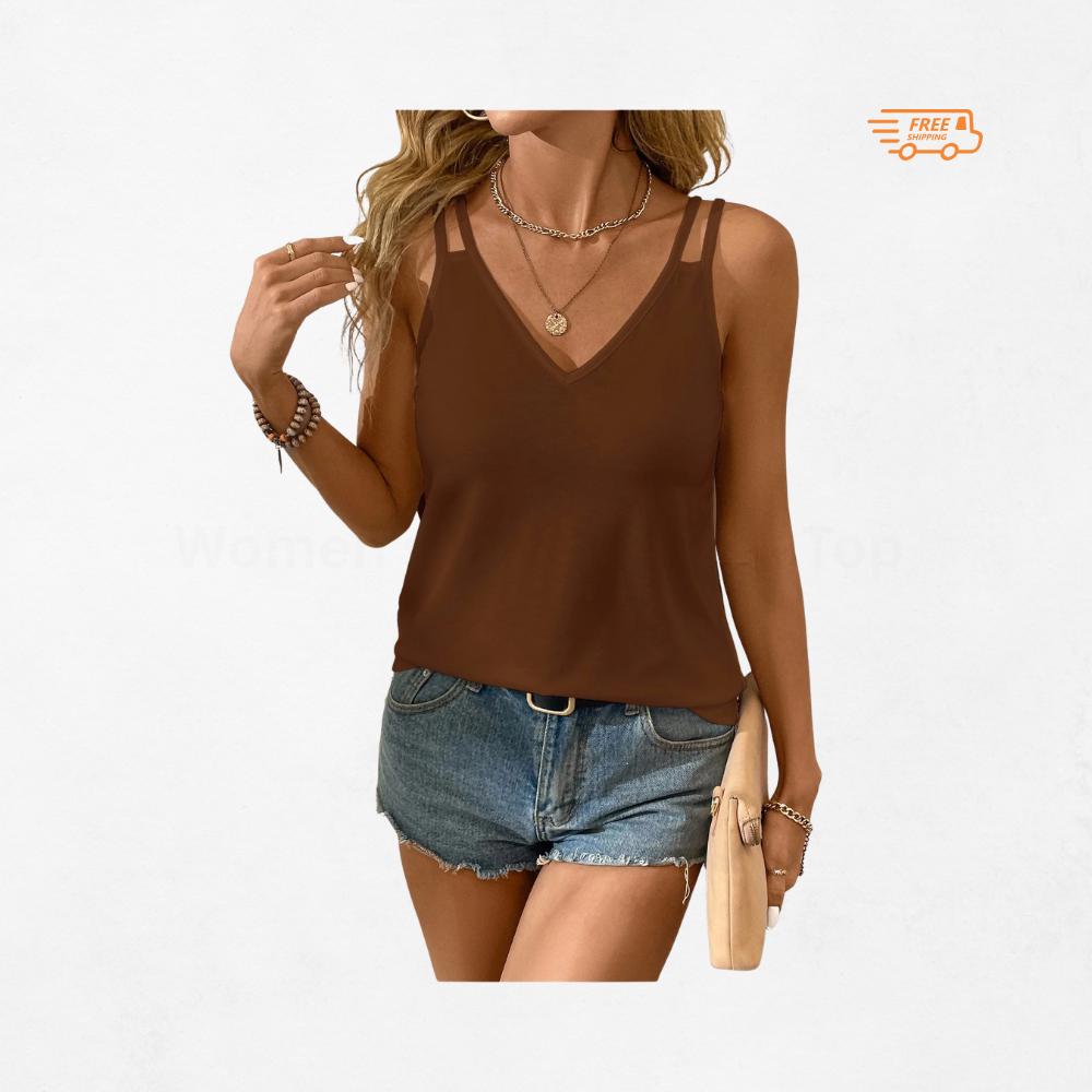 Canotta da donna con scollo a V, volant sul retro, senza maniche, elegante, casual, tinta unita, ideale per l'estate e i viaggi.