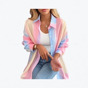 May include: A long-sleeved button-down shirt featuring a vertical gradient pattern in pastel shades of pink, blue, and cream. The shirt is worn open over a plain white tank top, paired with blue denim jeans. The collar is pointed and the cuffs are long.