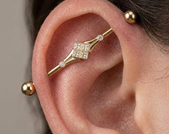In het lab gekweekte diamanten industriële barbell, Princess Cut, 14K gouden steigeroorbel