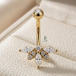Piercing para ombligo con colgante floral / Diamante cultivado en laboratorio con tallas marquesa y redonda