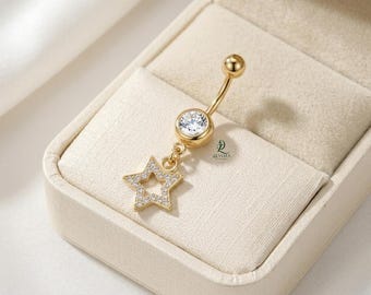 Star Dangle Belly Button Ring, Moissanite Navel Piercing, 14K Gold Barbell