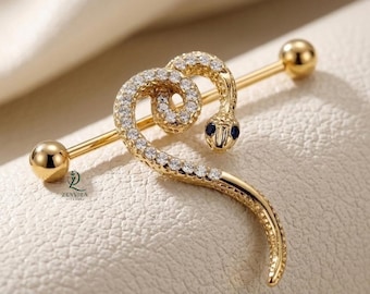 Barra industrial Serpiente / Piercing de oreja Serpiente Dorada / Diamante cultivado en laboratorio / Moissanita
