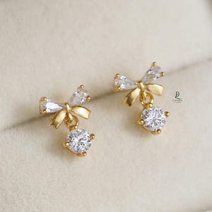 Lab Grown Diamond Bow Drop Earrings, Pear & Round Cut Gold Dangle