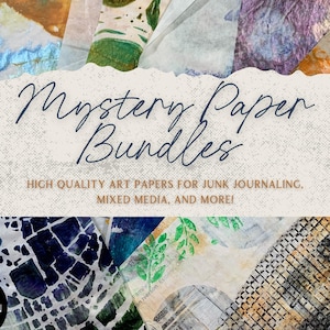 May include: A collection of colorful art papers with various textures and patterns. The image features a banner with the text "Mystery Paper Bundles" and "High Quality Art Papers for Junk Journaling, Mixed Media, and More!" The Aleta Jacobson Designs logo is in the lower left corner.
