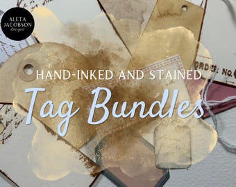 Hand Stained Tag Bundles | Coffee Stained Art Journal Supplies, Mixed Media Ephemera