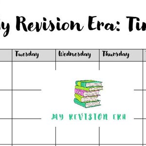 Könnte beinhalten: Ein weißer Stundenplan mit dem Text "My Revision Era: Timetable" in Schwarz. Das Stundenraster ist mit Wochentagen und Zeitfenstern beschriftet. Ein Stapel bunter Bücher befindet sich in der Mitte, darunter die Worte "MY REVISION ERA".
