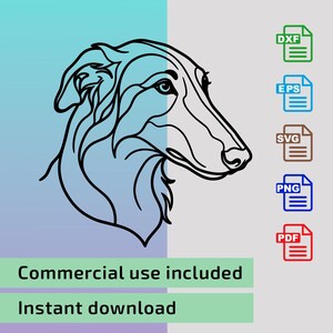 May include: A black line art illustration of a Borzoi dog head in profile. To the right, five stacked file icons labeled DXF, EPS, SVG, PNG, and PDF are displayed in green, blue, brown, dark blue, and red. Text below reads Commercial use included and Instant download.
