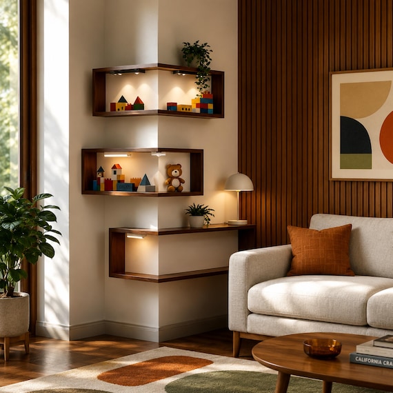 Corner Wall Shelf Set, Floating Corner Shelves, Walnut Wood Display Shelf, Mid Century Modern Wall Decor, Living Room Storage