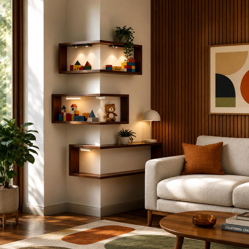 K&ouml;nnte beinhalten: Drei dunkle Eckregale aus Holz mit integrierter Beleuchtung sind an einer wei&szlig;en Wand montiert. Die Regale zeigen bunte Holzbl&ouml;cke, einen Teddyb&auml;ren und Topfpflanzen. Ein Sofa mit einem orangefarbenen Kissen und ein runder Couchtisch aus Holz vervollst&auml;ndigen die Wohnzimmereinrichtung.