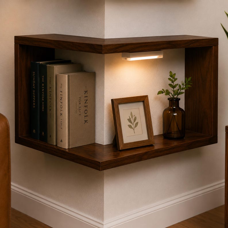 K&ouml;nnte beinhalten: Dunkelbraunes Eckregal aus Holz mit integrierter Beleuchtung. Das Regal zeigt B&uuml;cher, ein gerahmtes Bild mit botanischem Druck und eine kleine Glasvase mit Gr&uuml;n. Das Regal ist an einer wei&szlig;en Wand montiert.