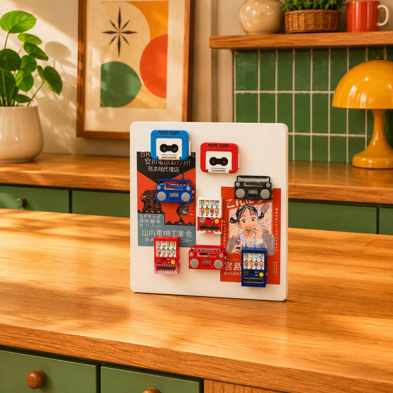 Puede incluir: Un tablero magn&eacute;tico rectangular blanco con varios imanes de pl&aacute;stico en miniatura con forma de casetes retro, radiocasetes y m&aacute;quinas expendedoras, dispuestos sobre dos carteles coloridos con texto en japon&eacute;s y una ilustraci&oacute;n.
