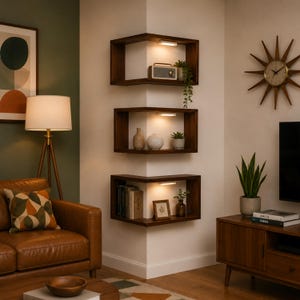 K&ouml;nnte beinhalten: Drei dunkle Eckregale aus Holz mit eingebauter Beleuchtung sind an einer wei&szlig;en Wand montiert. Die Regale zeigen ein kleines Radio, dekorative Vasen, B&uuml;cher und Pflanzen. Ein braunes Ledersofa und eine h&ouml;lzerne Stehlampe befinden sich im Vordergrund.