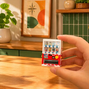 Puede incluir: Una m&aacute;quina expendedora de juguete en miniatura de color blanco y rojo con una ventana transparente que muestra peque&ntilde;os envases de bebidas, un panel de selecci&oacute;n azul, un bot&oacute;n amarillo y el texto J.Dream impreso en rojo.