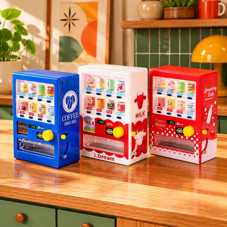 Puede incluir: Tres m&aacute;quinas expendedoras de juguete en miniatura de color azul, blanco y rojo. La m&aacute;quina azul tiene un logotipo de caf&eacute; y texto. La blanca muestra gr&aacute;ficos de vacas y la palabra Milk. La roja muestra el texto Strawberry Latte y gr&aacute;ficos.