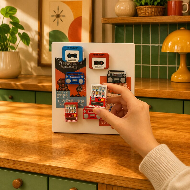 Puede incluir: Una pizarra magn&eacute;tica rectangular blanca que muestra varios imanes en miniatura con forma de casetes retro, radiocasetes y m&aacute;quinas expendedoras. La pizarra presenta un p&oacute;ster con texto e ilustraciones en japon&eacute;s. Se sostiene un im&aacute;n de m&aacute;quina expendedora.