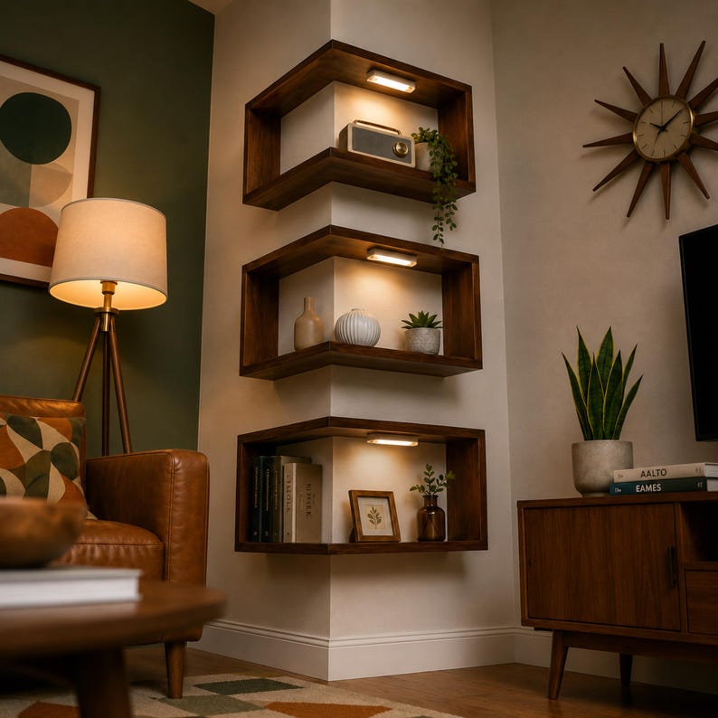 K&ouml;nnte beinhalten: Drei dunkle Eckregale aus Holz mit eingebauter Beleuchtung. Das obere Regal enth&auml;lt ein kleines Radio und Gr&uuml;npflanzen. Das mittlere Regal zeigt eine Vase, eine dekorative Kugel und eine kleine Topfpflanze. Das untere Regal hat B&uuml;cher, ein gerahmtes Bild und eine kleine Vase.