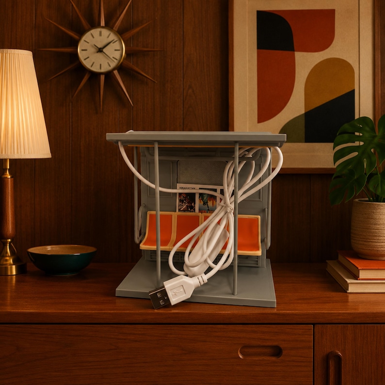 May include: A gray miniature subway car interior model featuring orange bench seating, a small advertisement graphic on the back wall, and a white USB power cable coiled around the support poles, resting on a flat gray base.