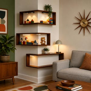 K&ouml;nnte beinhalten: Eine moderne Wohnzimmerecke mit eingebauten Holzregalen. Die Regale zeigen bunte Holzbl&ouml;cke, einen Teddyb&auml;ren und kleine Pflanzen. Ein graues Sofa, ein Holztisch und eine Sternenuhr vervollst&auml;ndigen die Einrichtung.