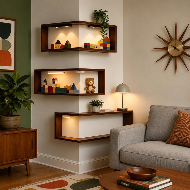K&ouml;nnte beinhalten: Eine moderne Wohnzimmerecke mit eingebauten Holzregalen. Die Regale zeigen bunte Holzbl&ouml;cke, einen Teddyb&auml;ren und kleine Pflanzen. Ein graues Sofa, ein Holztisch und eine Sternenuhr vervollst&auml;ndigen die Einrichtung.